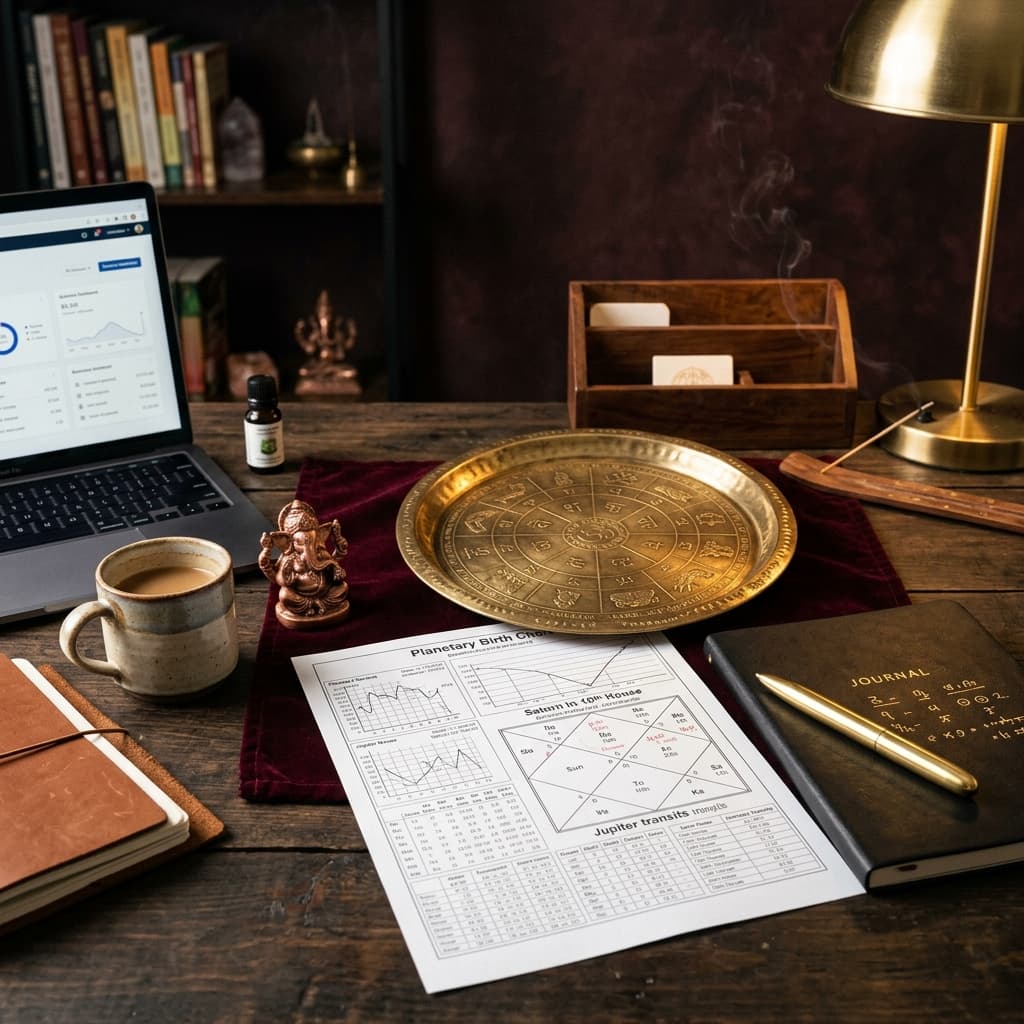 Career astrology consultation desk with planetary charts and brass Kundali plate for business predictions