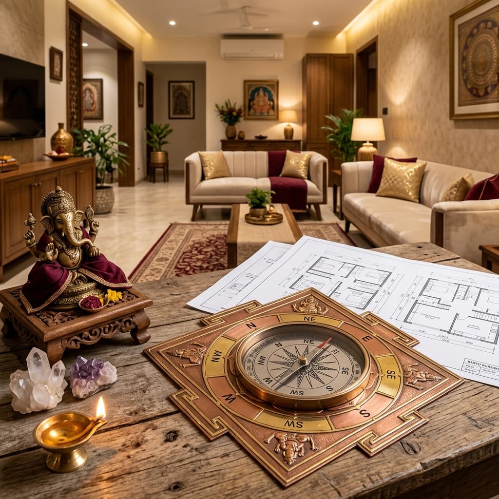 Vastu Shastra compass diagram for home and office with Ganesha idol and architectural plans